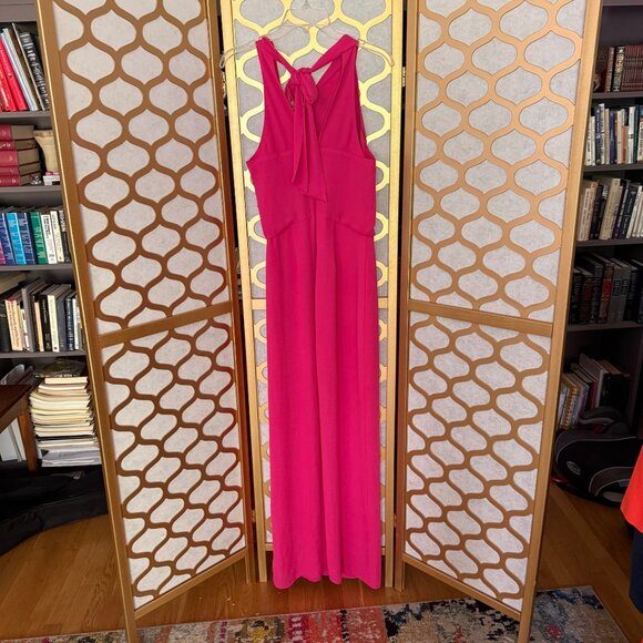 Halston Size 2 Fuchsia Azalea Asymmetric Draped Sleeveless Tie Back Maxi Gown - Picture 6 of 16